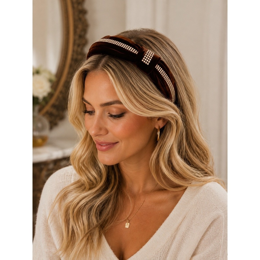nOir Chocolate Brown Velvet Knotted Headband with Amber Rhinestones Blair Glam